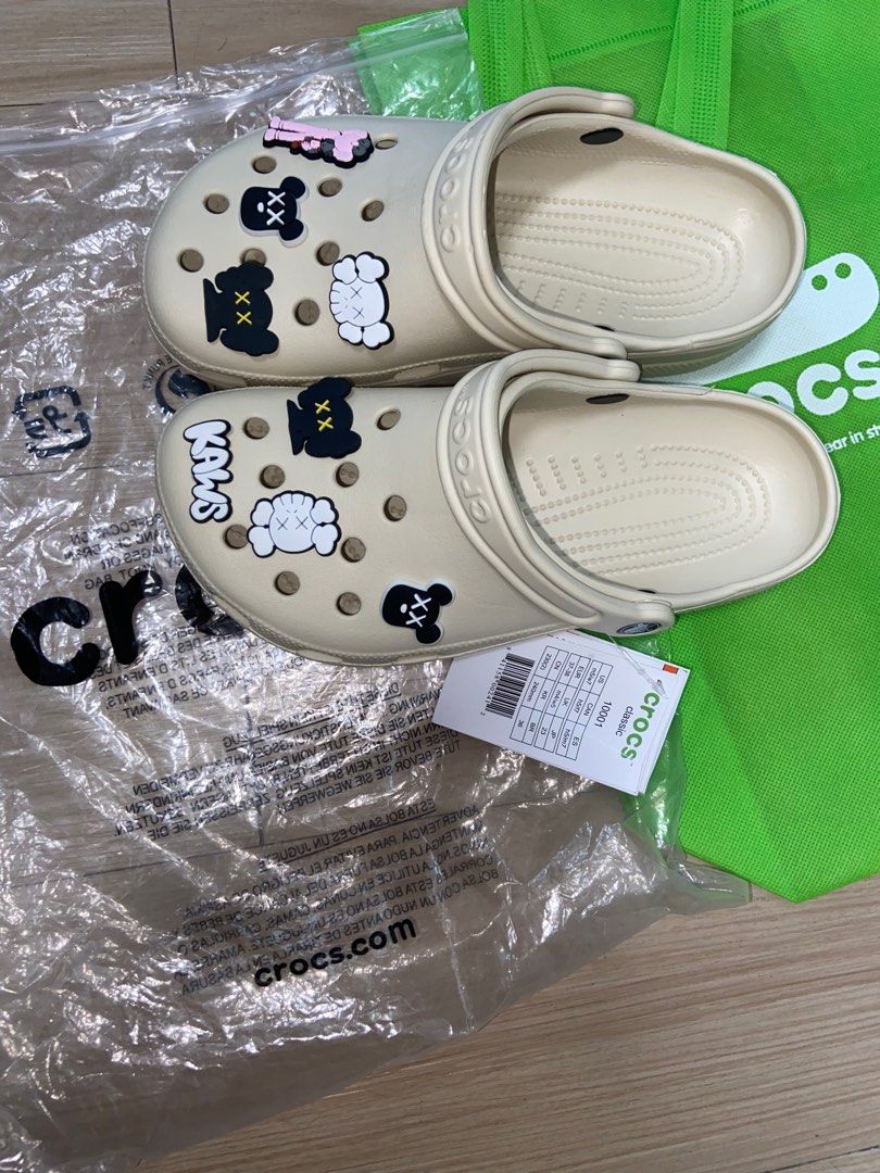 Crocs classic clog in beige white with kaws jibbitz, Women's Fashion