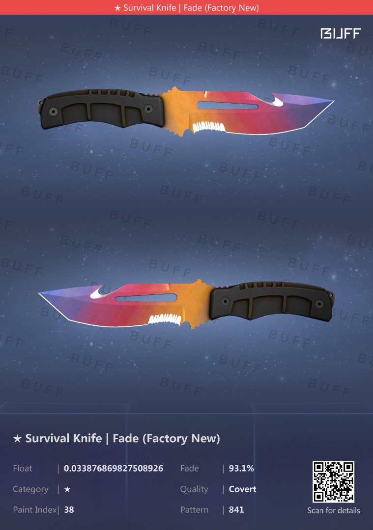 CSGO/CS2 Survival Knife Fade 93.1 0.03fv, Video Gaming, Gaming