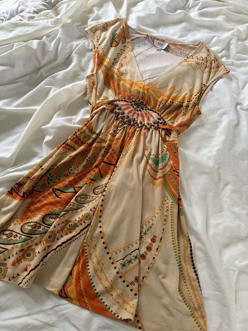 ECI New York Orange Multicolor Floral Abstract Dress with Tie