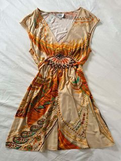 ECI New York Orange Multicolor Floral Abstract Dress with Tie