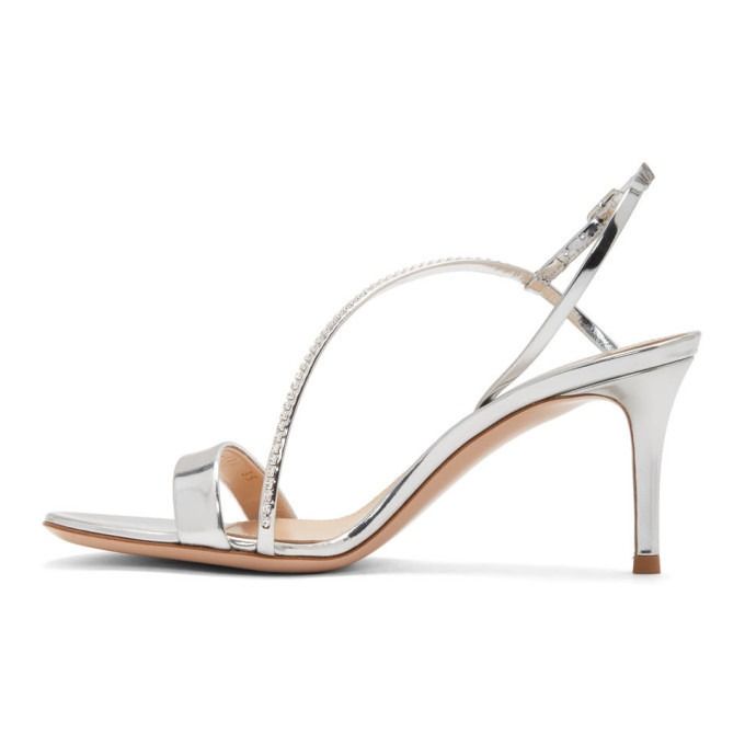 Gianvito Rossi Silver Metallic Crystal Manhattan Strappy Sandals