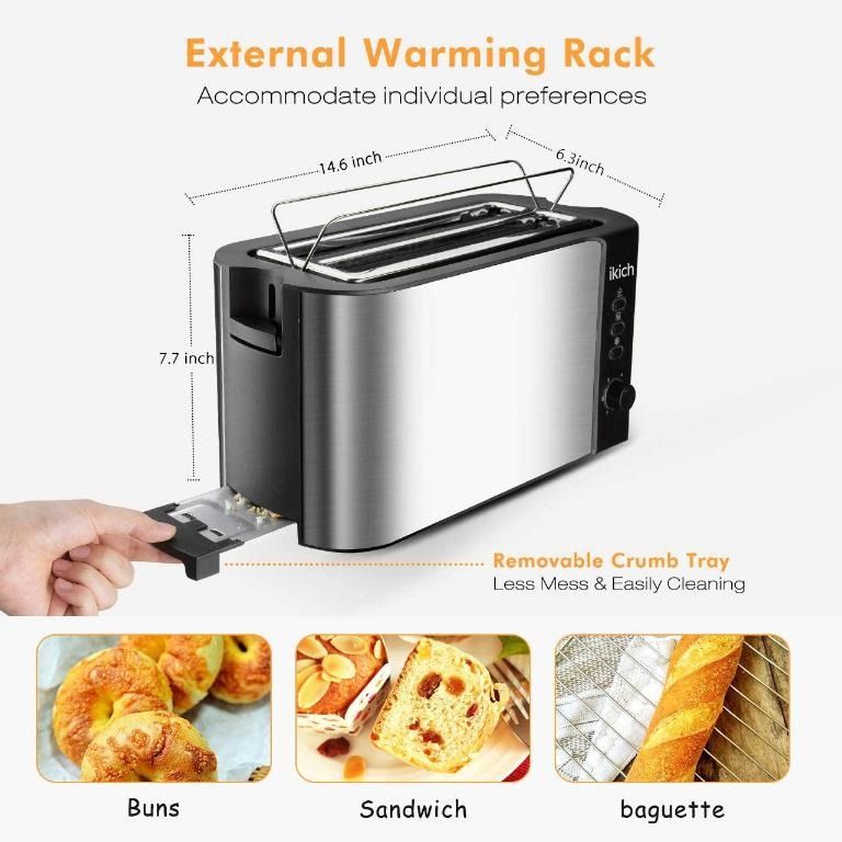 4-Slices Extra Long Slot Toaster w/ Reheat Warming Rack 6 Browning Control  IKICH