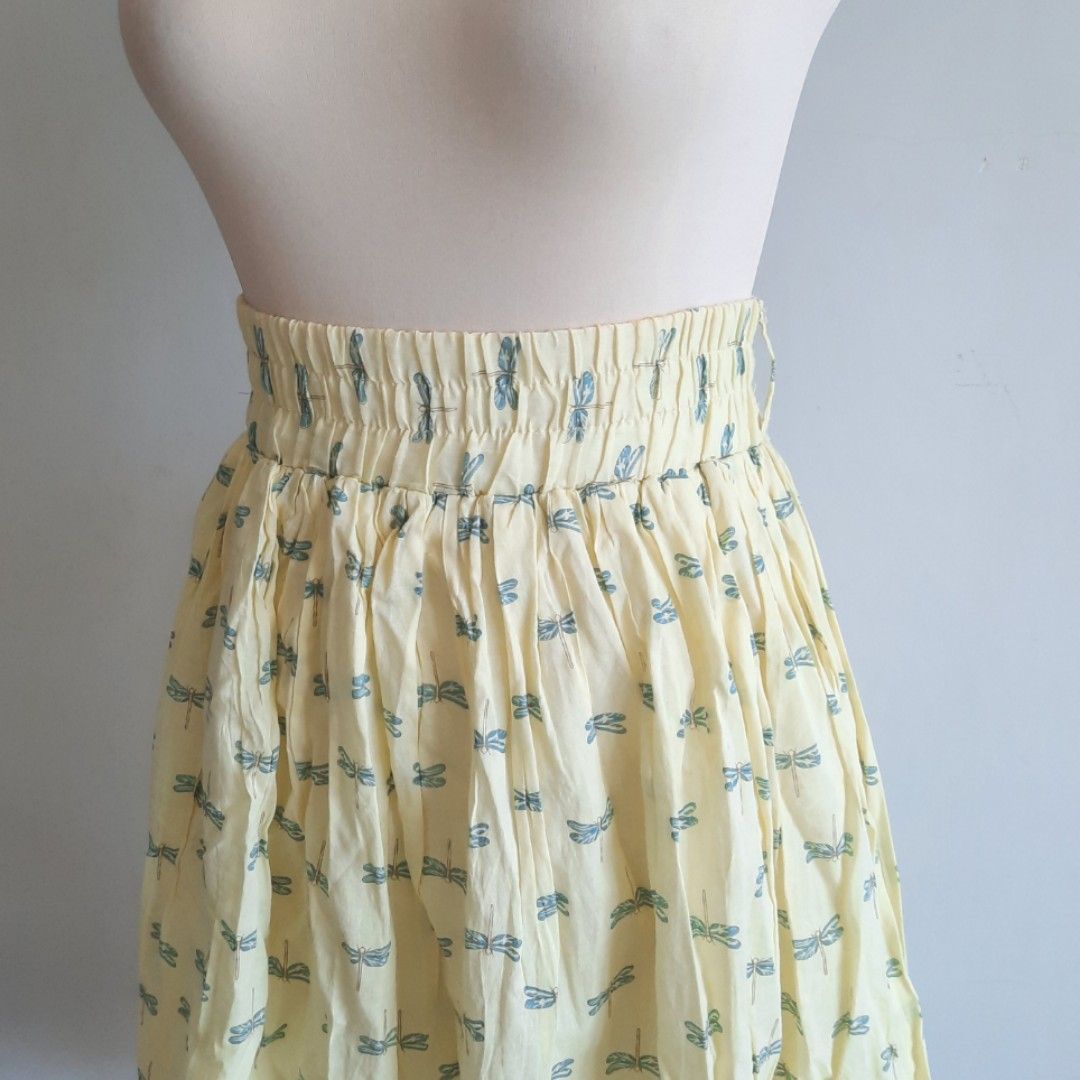 Japanese brand flowy yellow print rok lipit midi skirt kuning dragonfly  motif brand Jepang (new/no tag)