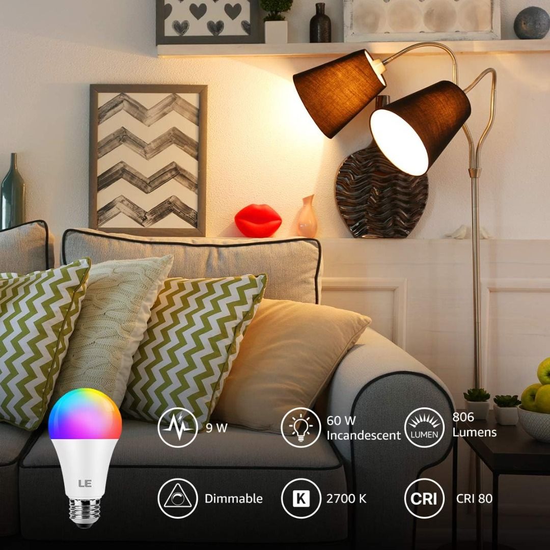 LE 9W Color Changing Light Bulbs with Remote Dimmable LED Light Bulb 60W Equivalent 806 Lumens Warm White RGB Decorative Lighting for Home Bar