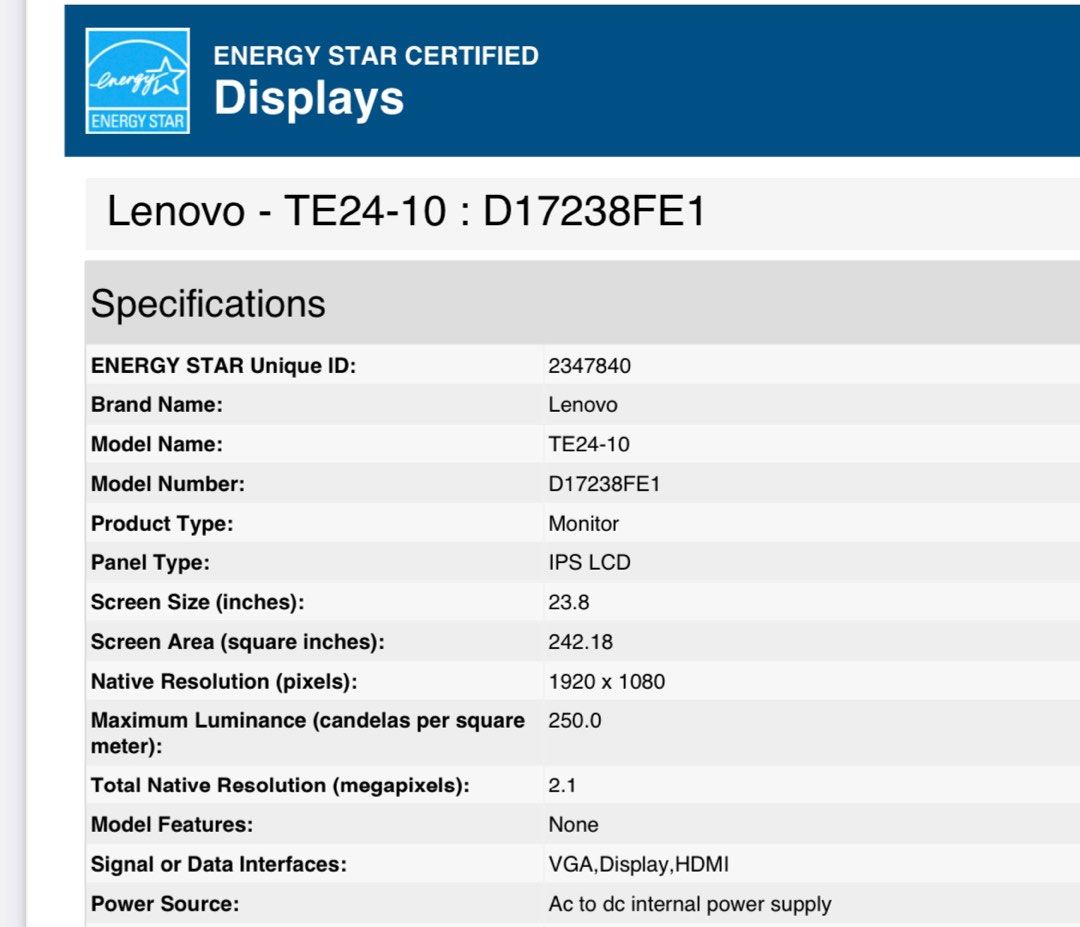 Te24 Chart Lenovo ThinkVision TE24-10, Computers & Tech, Parts & Accessories ...