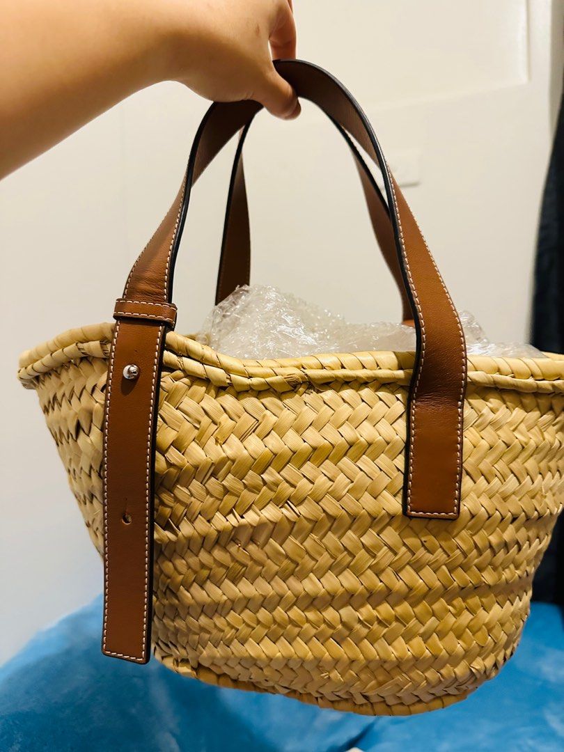 Auth LOEWE Basket Small - Beige Orange Brown Palm Leaf Calf Skin Tote Bag