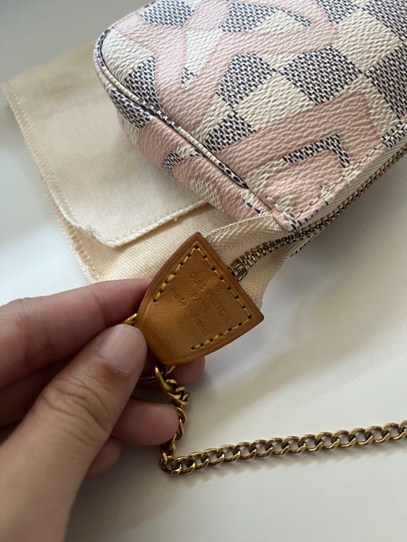 LOUIS VUITTON 2016 Damier Azur Mini Pochette top zip gold chain small bag