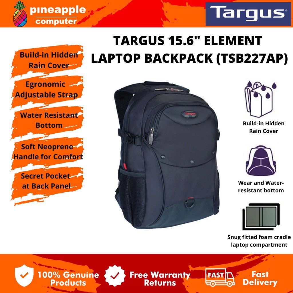 NEW Targus 15.6 TSB227AP Element Laptop Backpack with built in Hidden Rain Cover Black