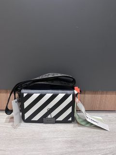 Off White Binder Clip Flap Bag Striped Leather Mini Black