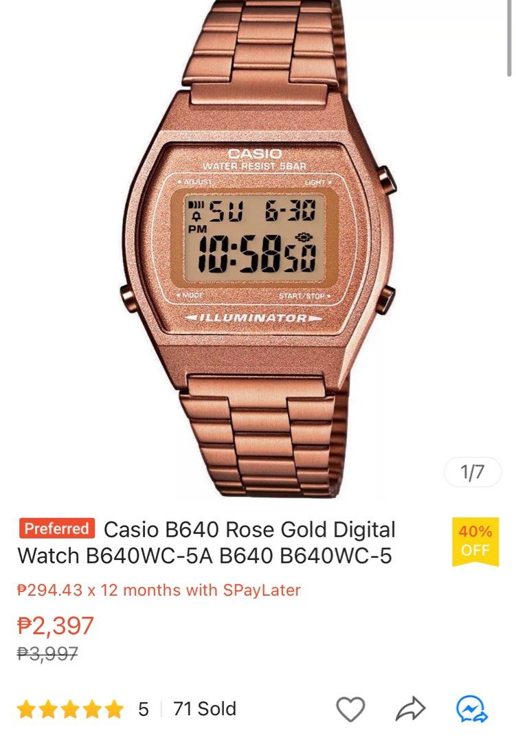 Original Rosegold Digital Casio Watch (Category: Women's Watches) located in Bacoor. Submitted by pie_square (Listing ID 1252540242, Image 1). Description: Brandnew Sealed Original Casio watch bought from official flagship store online. 2,300 is the original price but selling only ng 800. Inclusions: Paper bag, warranty card and Box of casio (pwedeng pang gift) Rfs: wrong color dumating I ordered silver pero rosegold dumating :( .