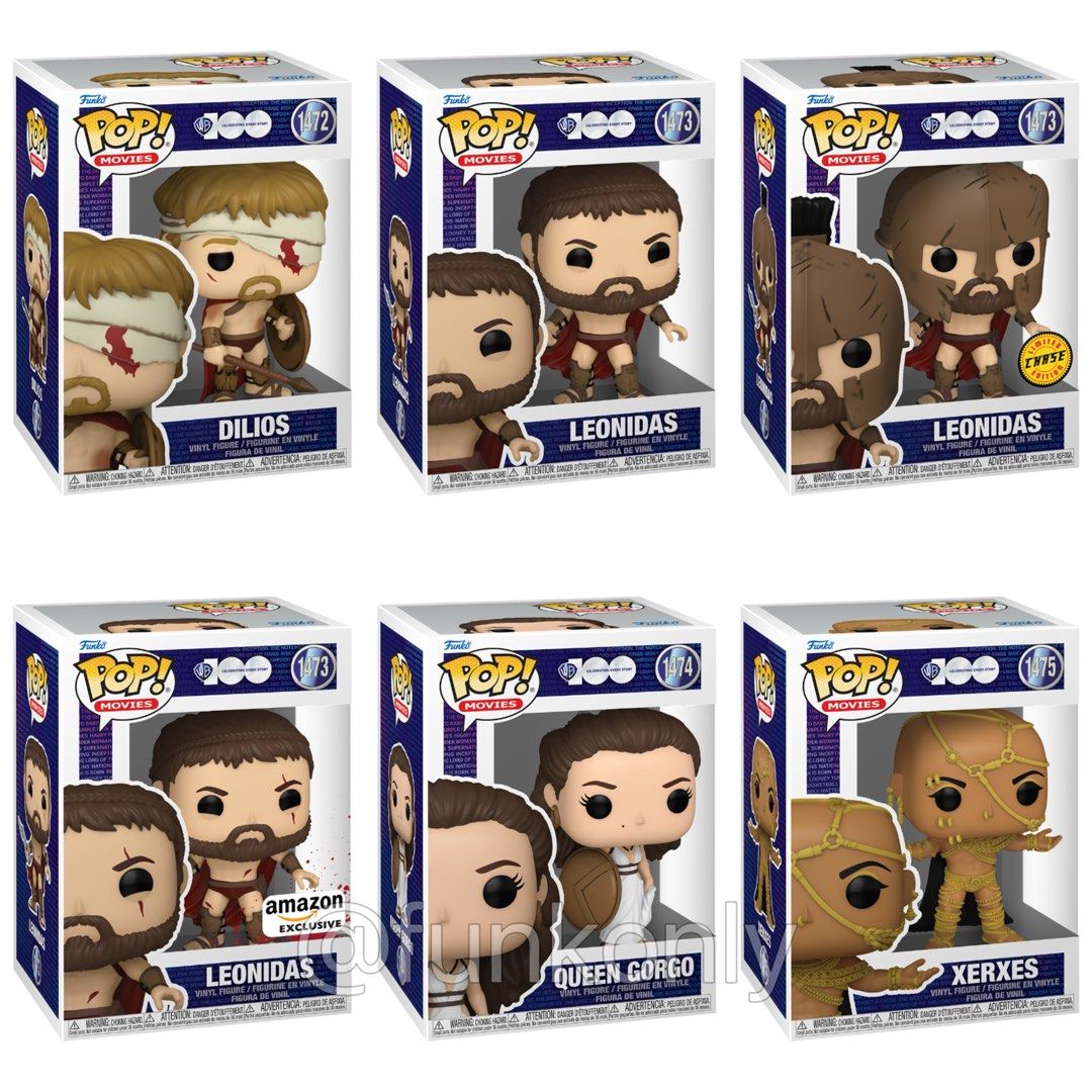 [PO] WB100 300 Pop! Vinyl Figures - Dilios #1472/ Leonidas #1473 Chase  Bundle/ Battle Damaged Amazon Exclusive/ Queen Gorgo #1474/ Xerxes #1475/ SE