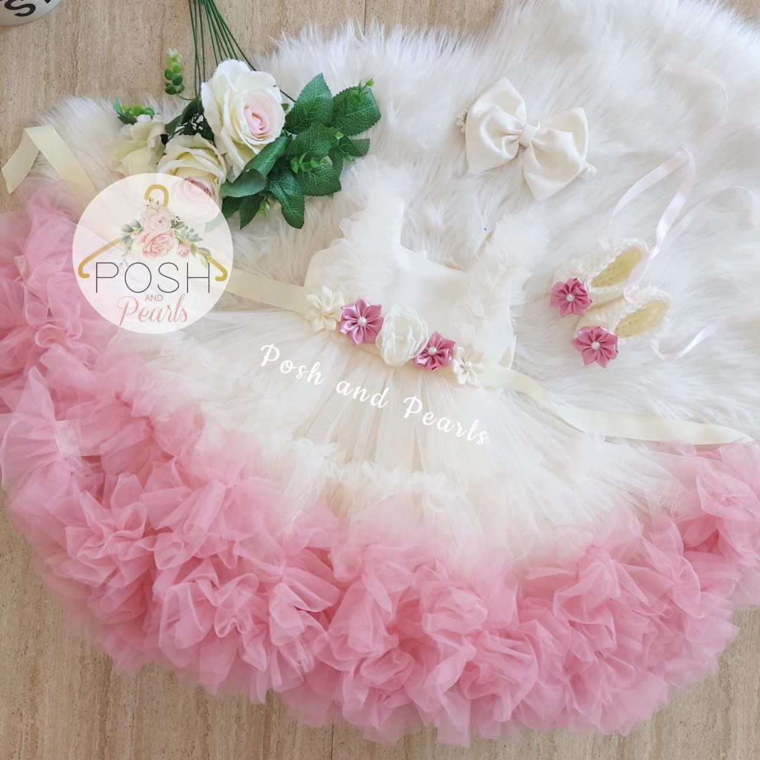 Posh and Pearls Gown with Removable Petticoat, Shoes, Belt for Baptism