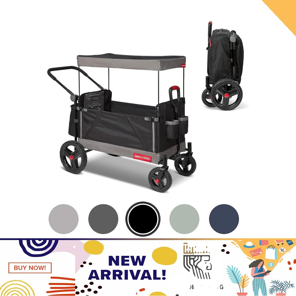 Radio Flyer Travler Stroll 'N Wagon, Black Push Wagon with Canopy