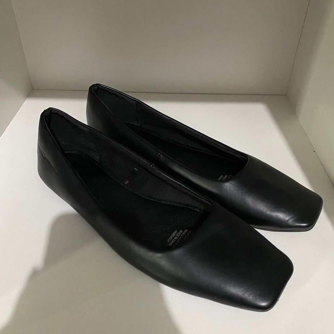 Rubi Square Toe Ballet Flat Shoes Black Vegan Leather Sepatu, Fesyen