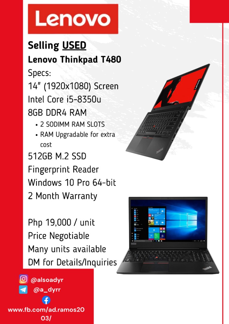 Selling USED Lenovo ThinkPad T480 Multiple Units Computers
