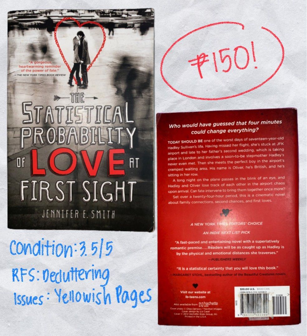 The Statistical Probability of Love at First Sight (Category: Storybooks) located in Quezon City. Submitted by 11zerofive (Listing ID 1252567662, Image 1). Description: Title: The Statistical Probability of Love at First Sight Author: Jennifer E. Smith Loc: QC mop: gcash/maya.