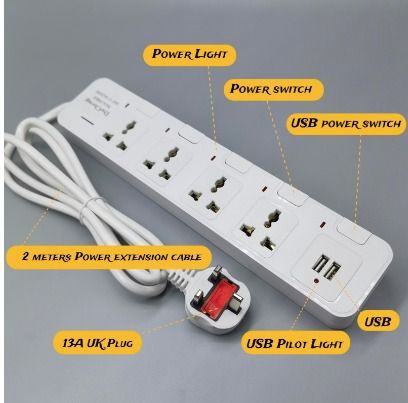 Energy Plug 2 Meter Extension Plug Extension Cord with 5 Outlets