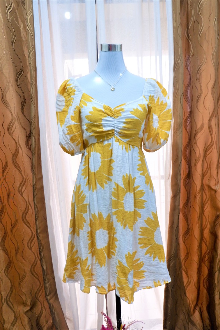 Yellow Flower Puff Mini Dress