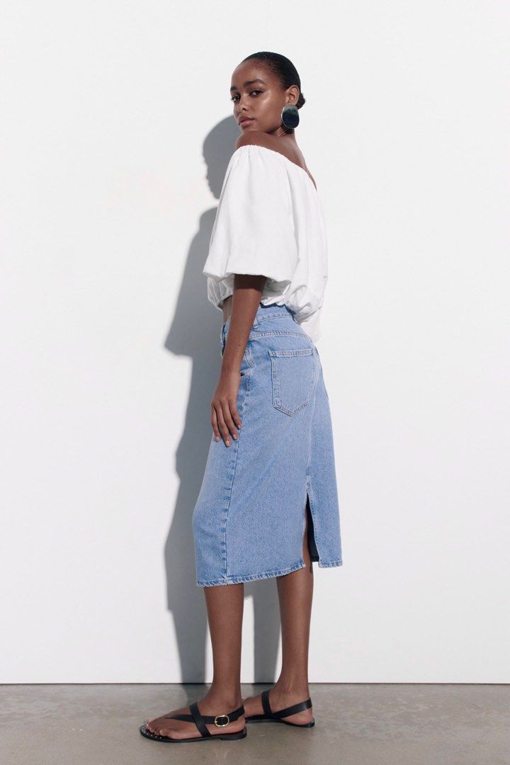 Zara denim midi 2025 skirt