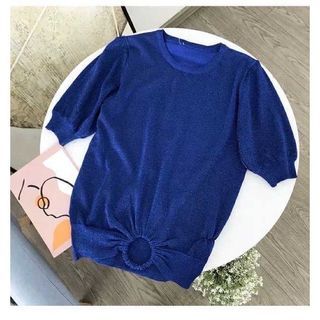 0085 Blue Short Sleeves Tops With Circle Ring Detail On The Front Free Size