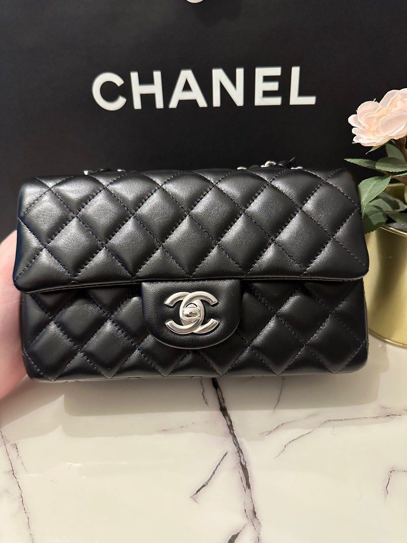 July 2023 Overseas Receipt Chanel Mini Black Lambskin Rectangular Rectangle  in Silver Hardware (NON-NEGO), Luxury, Bags & Wallets on Carousell
