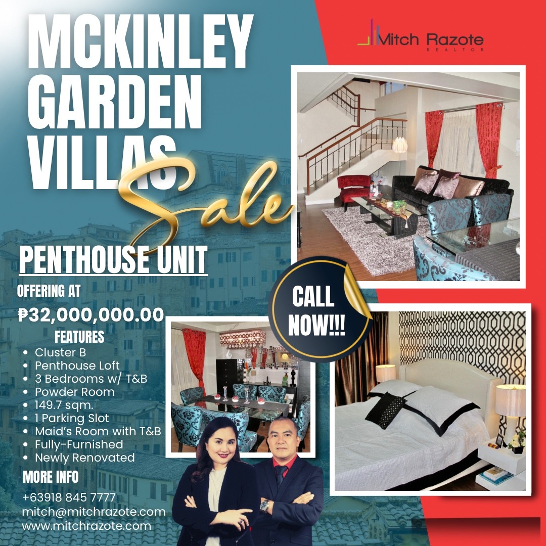 3Bedroom BiLevel Penthouse Unit For Sale at McKinley Garden Villas