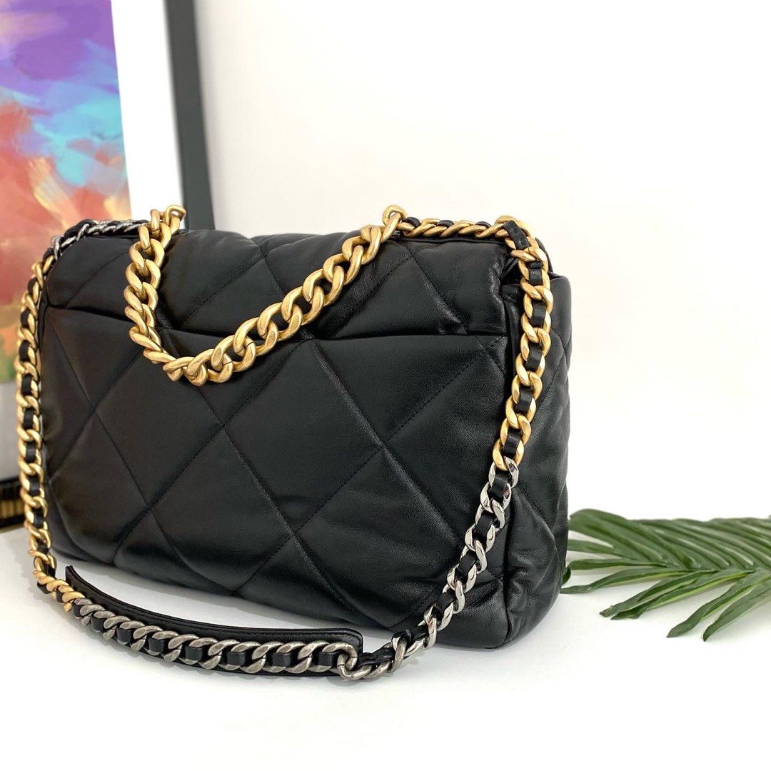 💯% Authentic Chanel Black Quilted Lambskin 19 Maxi With 3 Tone