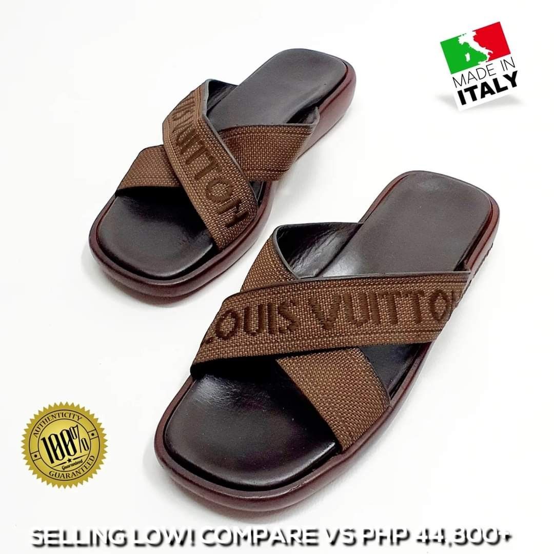 Louis Vuitton Brown Leather and Canvas Criss Cross Flat Slides