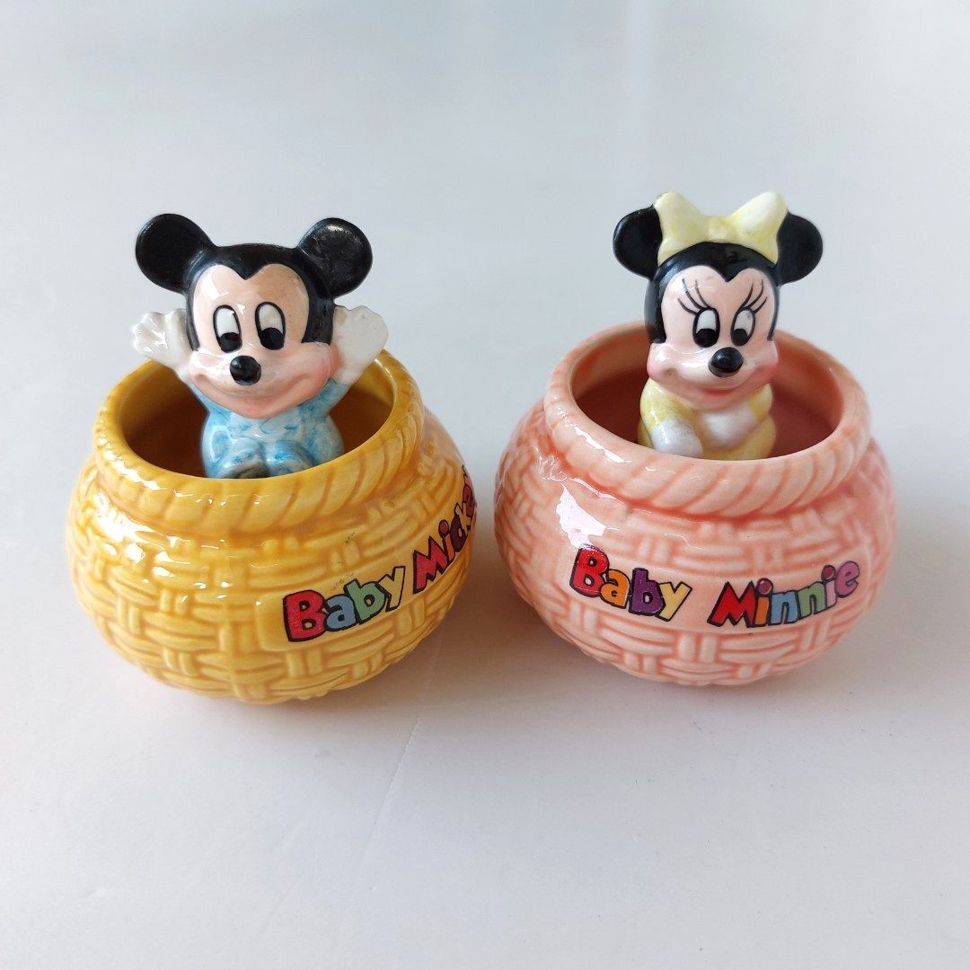 Baby Mickey Baby Minnie in Rattan Basket Bobble Head Ceramic