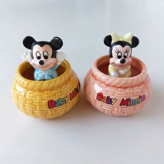 Baby Mickey & Baby Minnie in Rattan Basket Bobble Head Ceramic