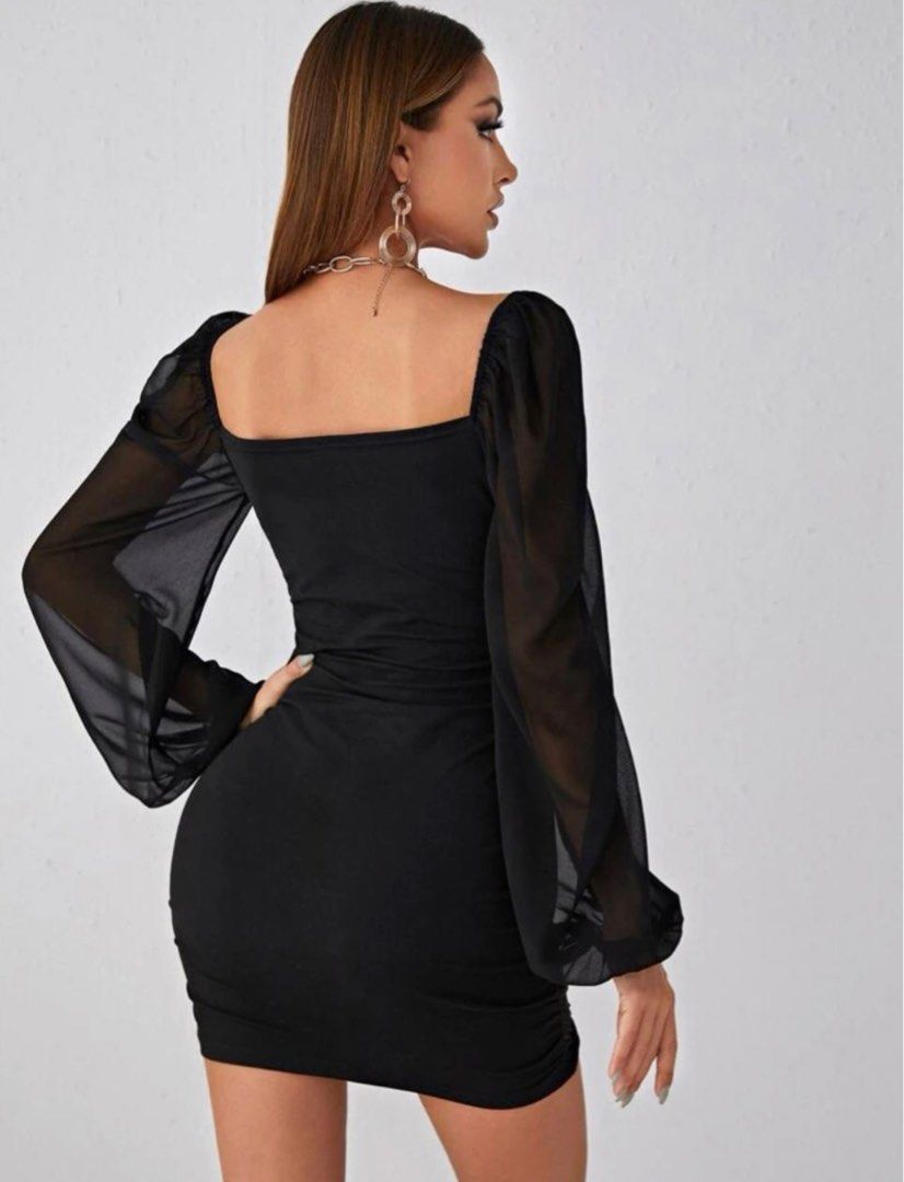 Black Bodycon Dress with Chiffon Sleeves Women s Fashion Dresses