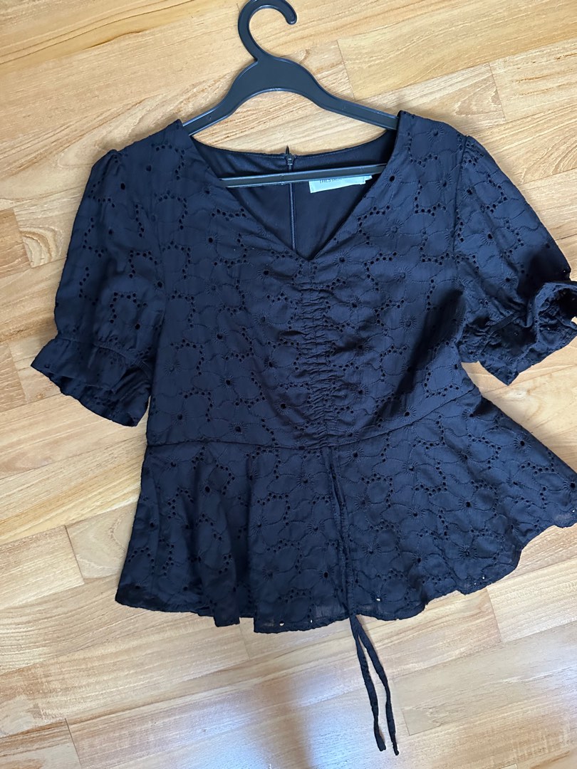 Black eyelet Peplum Top, Women's Fashion, Tops, Blouses on Carousell