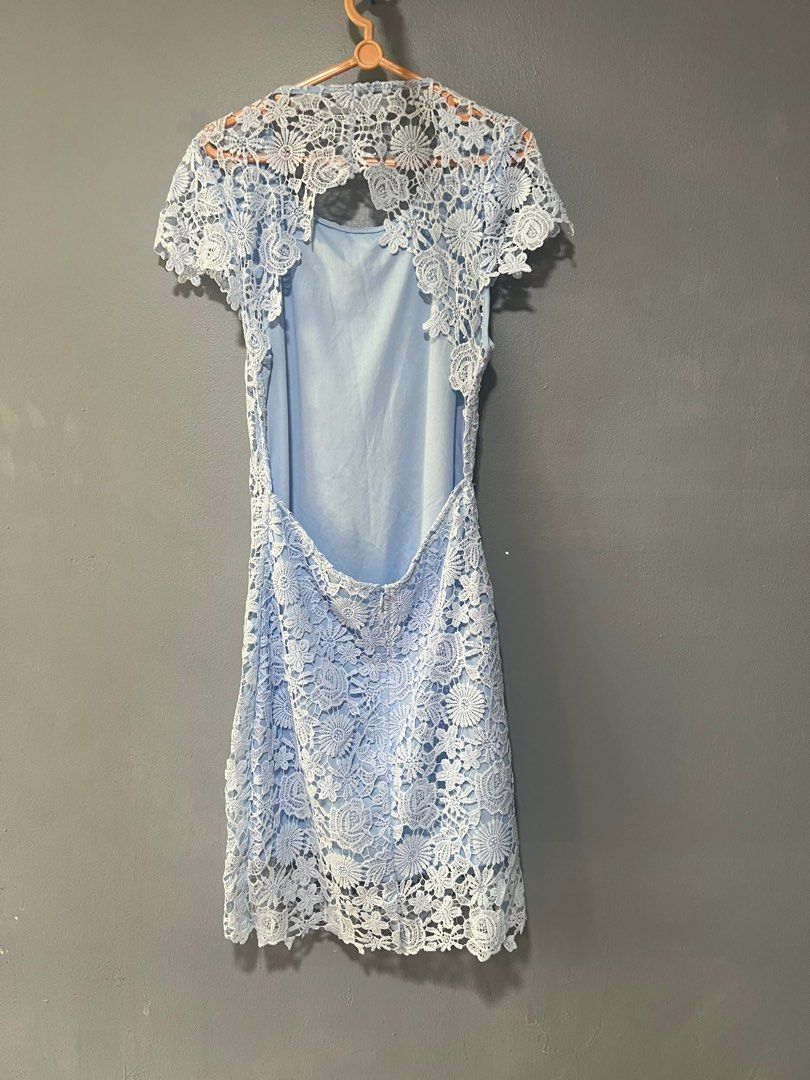 Romance language light blue backless lace dress discount