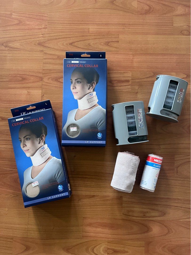 Cervical collar and elastic bandage set (Category: Sanitary Hygiene) located in Marikina City. Submitted by cluttermatters (Listing ID 1250066168, Image 1). Description: Set includes: -elastic bandage (2pcs) -medicine organizer (2pcs) -foam cervical collar (2pcs; small&large).