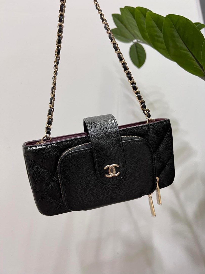 Chanel 22B Black Phone Holder with Chain in GHW, Luxury, Bags & Wallets on  Carousell
