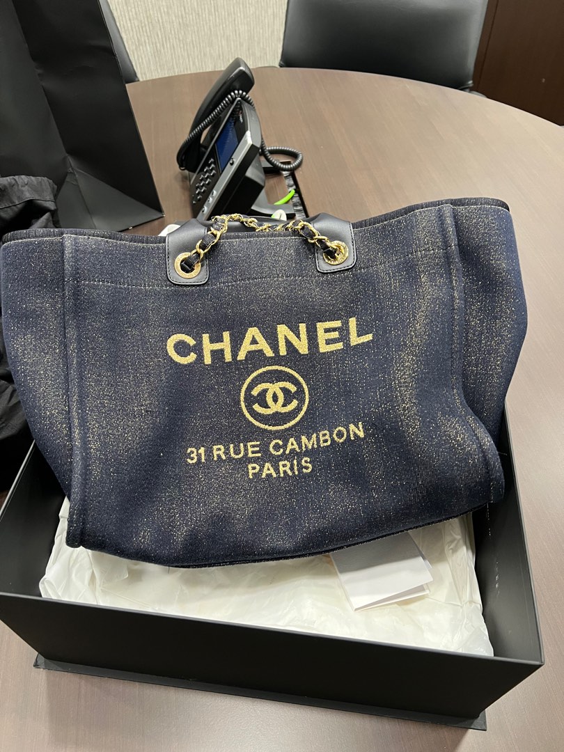 Chanel Small Deauville Shopping Bag Blue in Canvas with Silver-tone - US