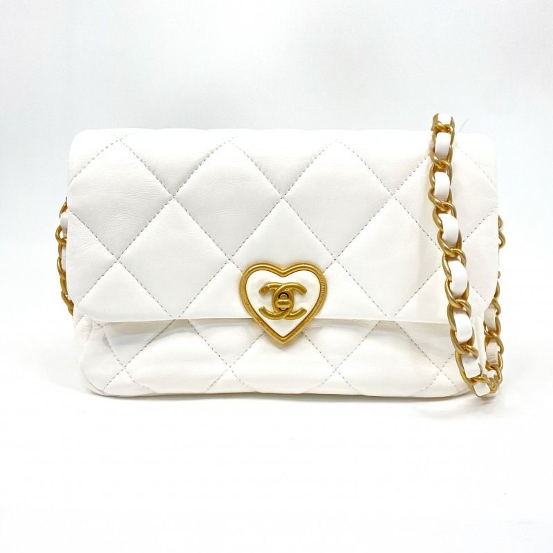 Large hobo bag, Shiny lambskin & gold-tone metal, white — Fashion