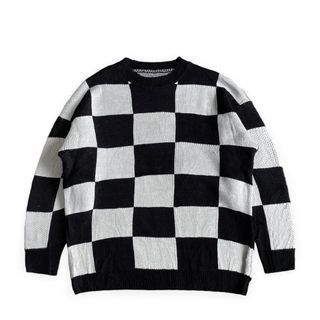 Checkered pattern knitted sweater black white crewneck full print checker checkerboard knit knitwear rajut kotak kotak