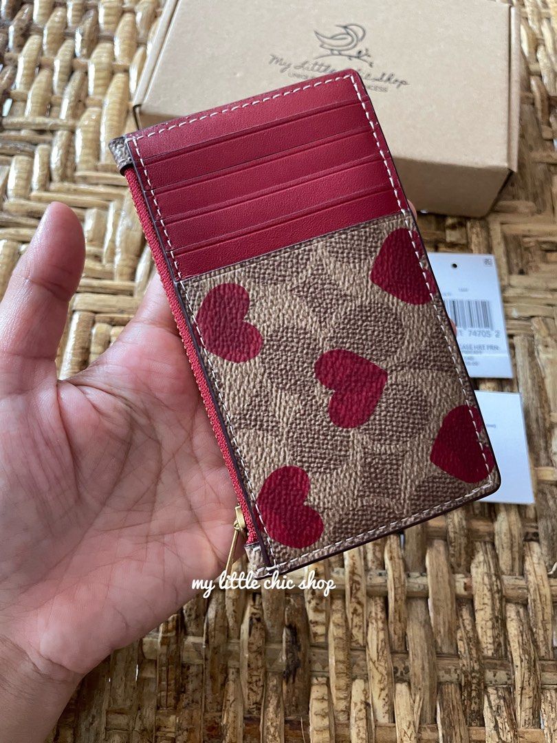 Zip Card Case In Signature Canvas With Heart Print