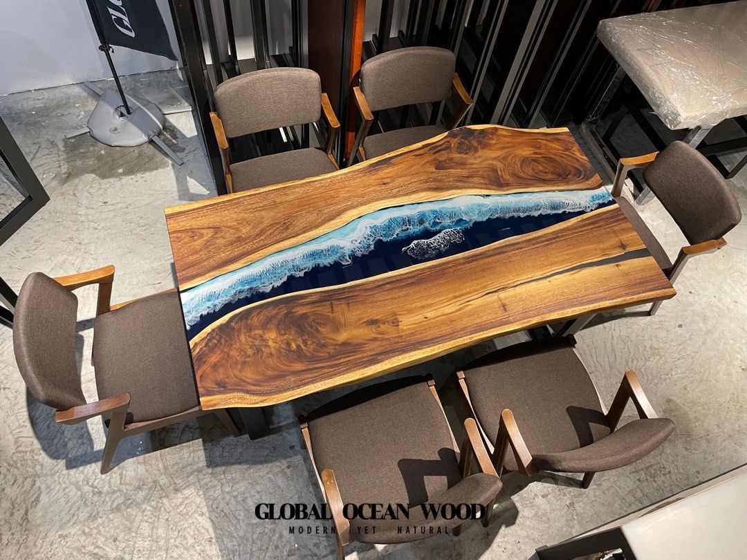 Ocean Waves Epoxy Resin Top Table Acacia Wooden Handmade Furniture