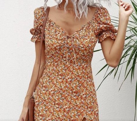 Ditzy Floral Print Front Bow Collar Midi Dress main image 1