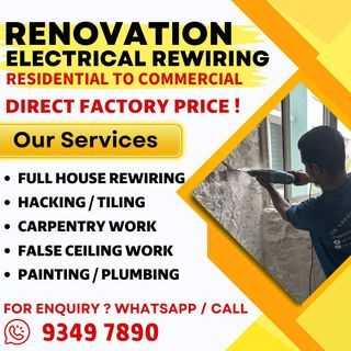 💯Rewiring of Residential to Commercial ⚡️electrical REWIRING. 👷🏻‍♂️Full house Renovation . 🛠️Carpentry Works. ✅HDB License Contractor.  