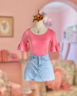 esprit pink ruffles sleeves t shirt jeans mini skirt attached with safety pant