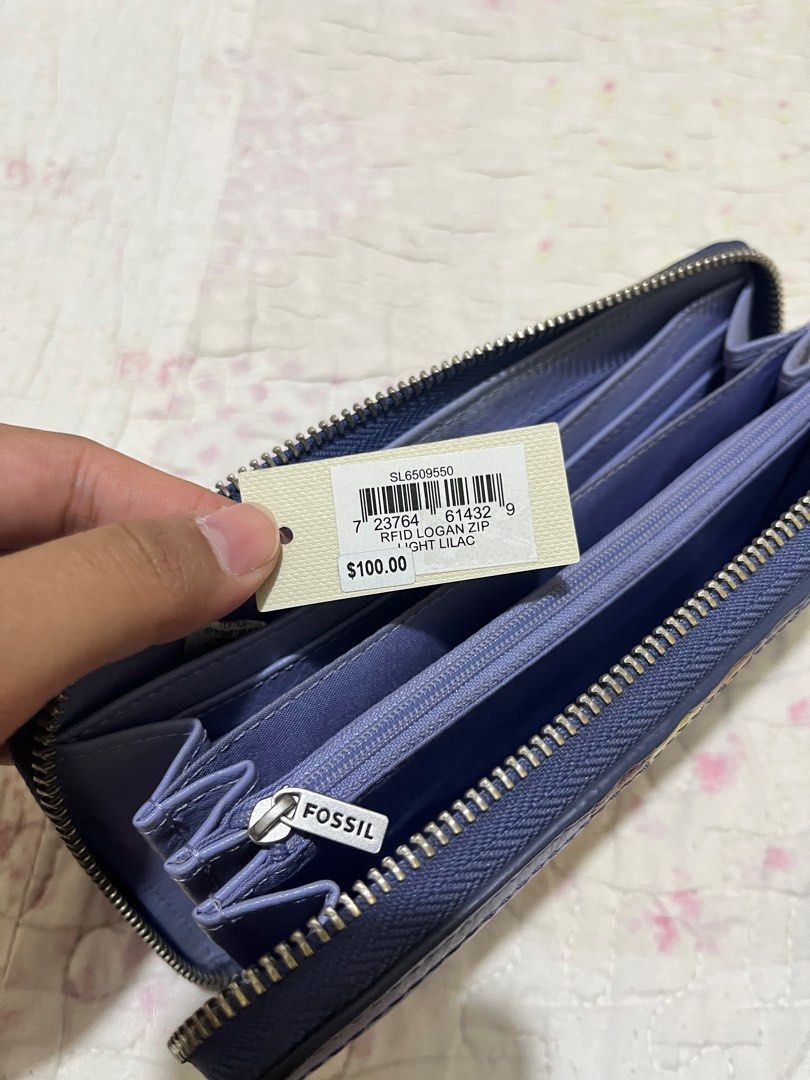 Fossil Crystal Blue Logan Zip Around Wallet, Women's Fashion, Bags