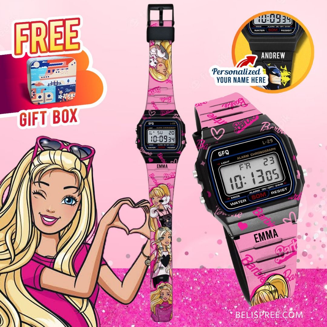 FREE Custom Name Pink Barbie Watch for Kids Japan GFQ Watch Waterproof Jam Budak Birthday Gift