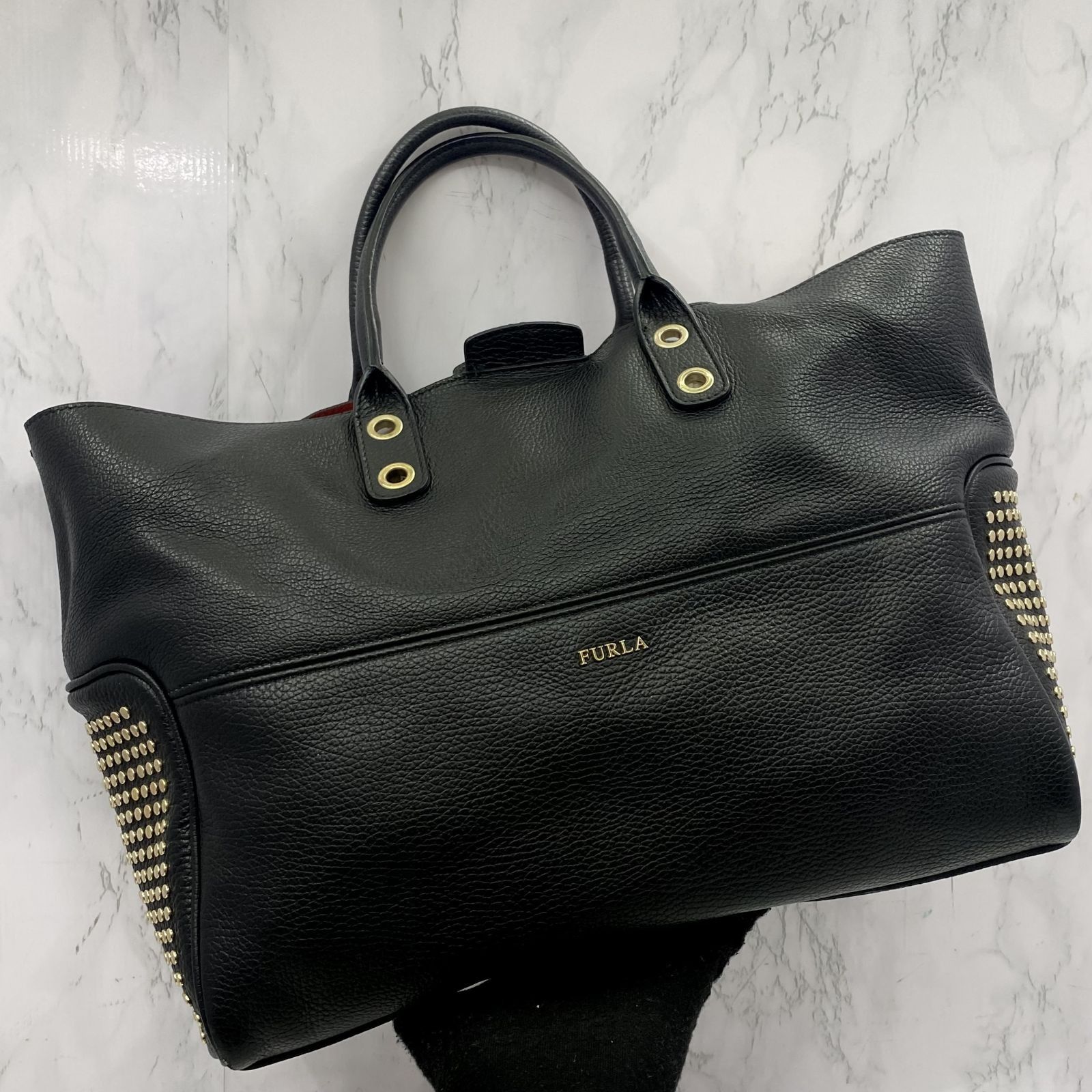 Furla black discount leather tote bag