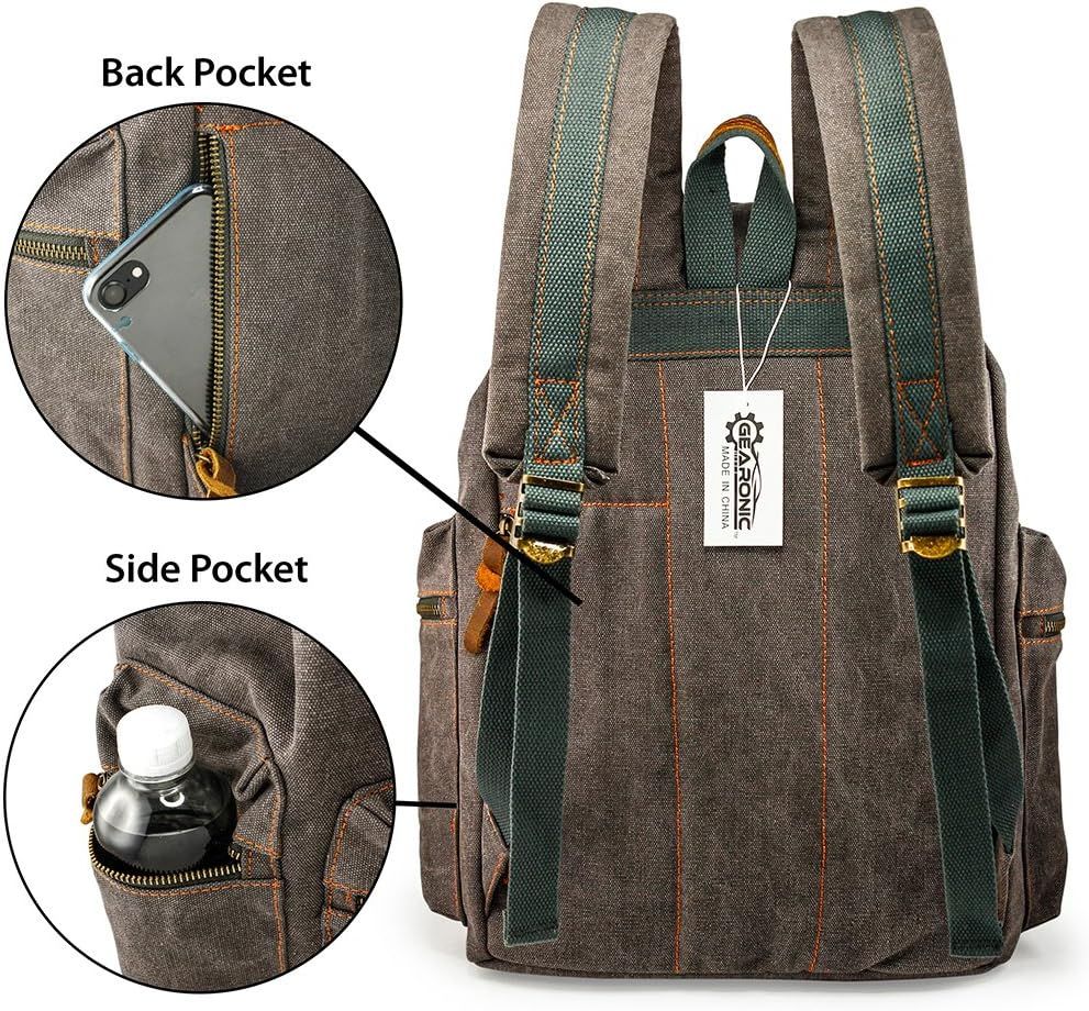 GEARONIC 21L Vintage Canvas Backpack Leather Rucksack Knapsack 15inch Laptop Tote Satchel College Shoulder Hiking Bag Gray