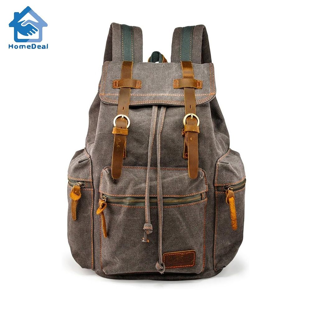 GEARONIC 21L Vintage Canvas Backpack Leather Rucksack Knapsack