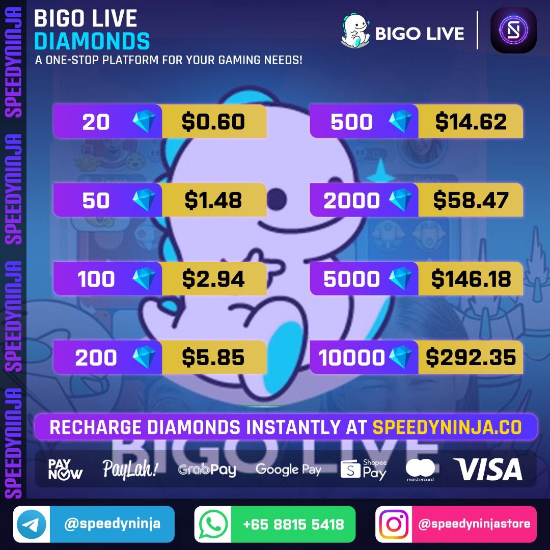 [INSTANT 24/7] Cheapest BIGO Live Diamonds Top Up | Recharge BIGO Live Diamonds | SpeedyNinja Store (Category: In-Game Products) located in Singapore. Submitted by speedyninja (Listing ID 1121682440, Image 1). Description: (Updated as of 20th September 2023 - SpeedyNinja) Cheapest, instant, and safest BIGO Live Diamonds Operating Hours: 24/7 Delivery Time: Instant delivery upon making payment How to purchase BIGO Live Diamonds? 1. Simply head to 