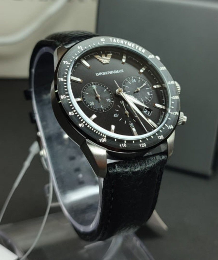 Lowest Price Emporio Armani Men s Chronograph Black Dial Leather